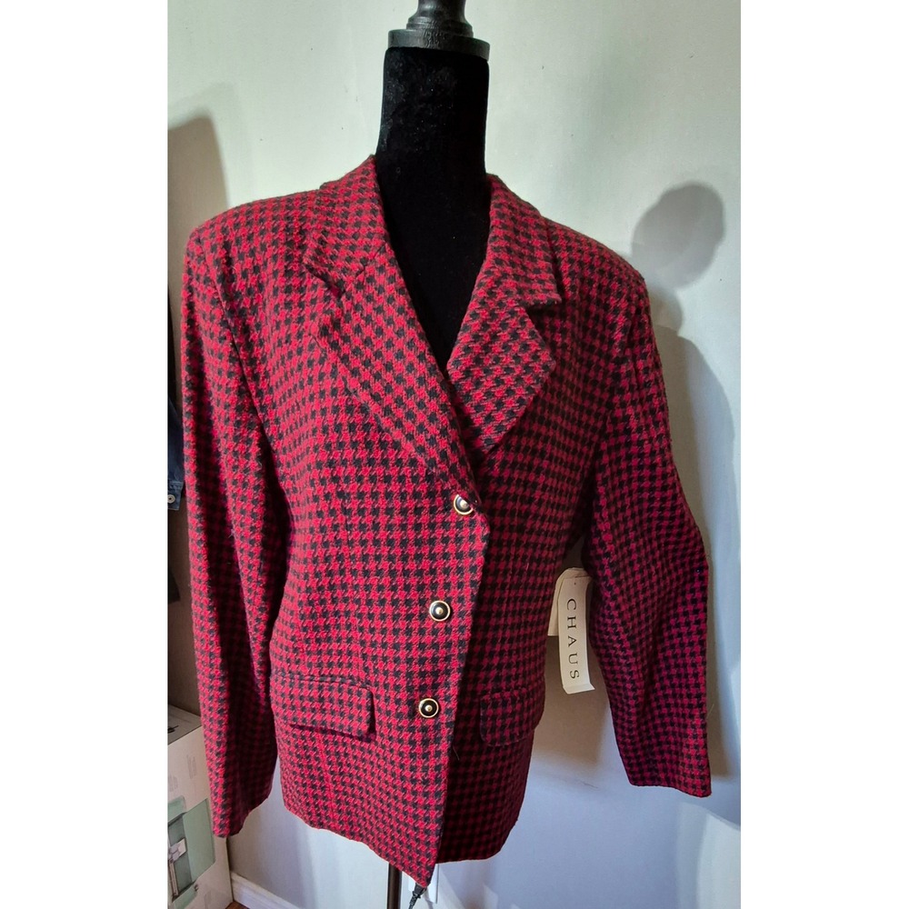 Vintage Chaus Red Black Houndstooth Wool Blend Blazer Jacket NWT Size 16